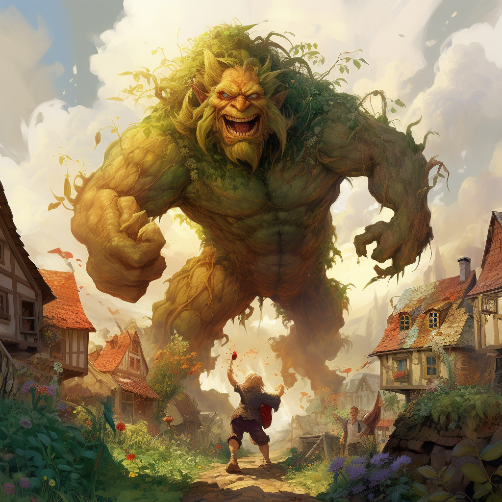 Colorful fairytale illustration of a giant destroying a village