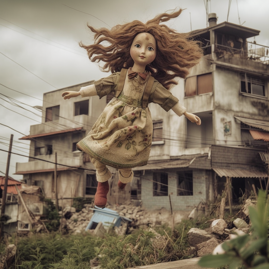 Giant doll crushing town houses