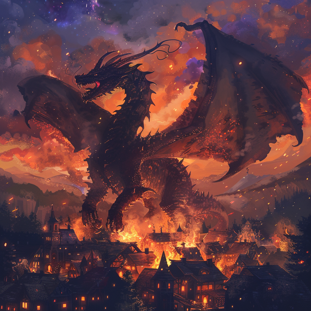 Giant dragon in burning medieval town