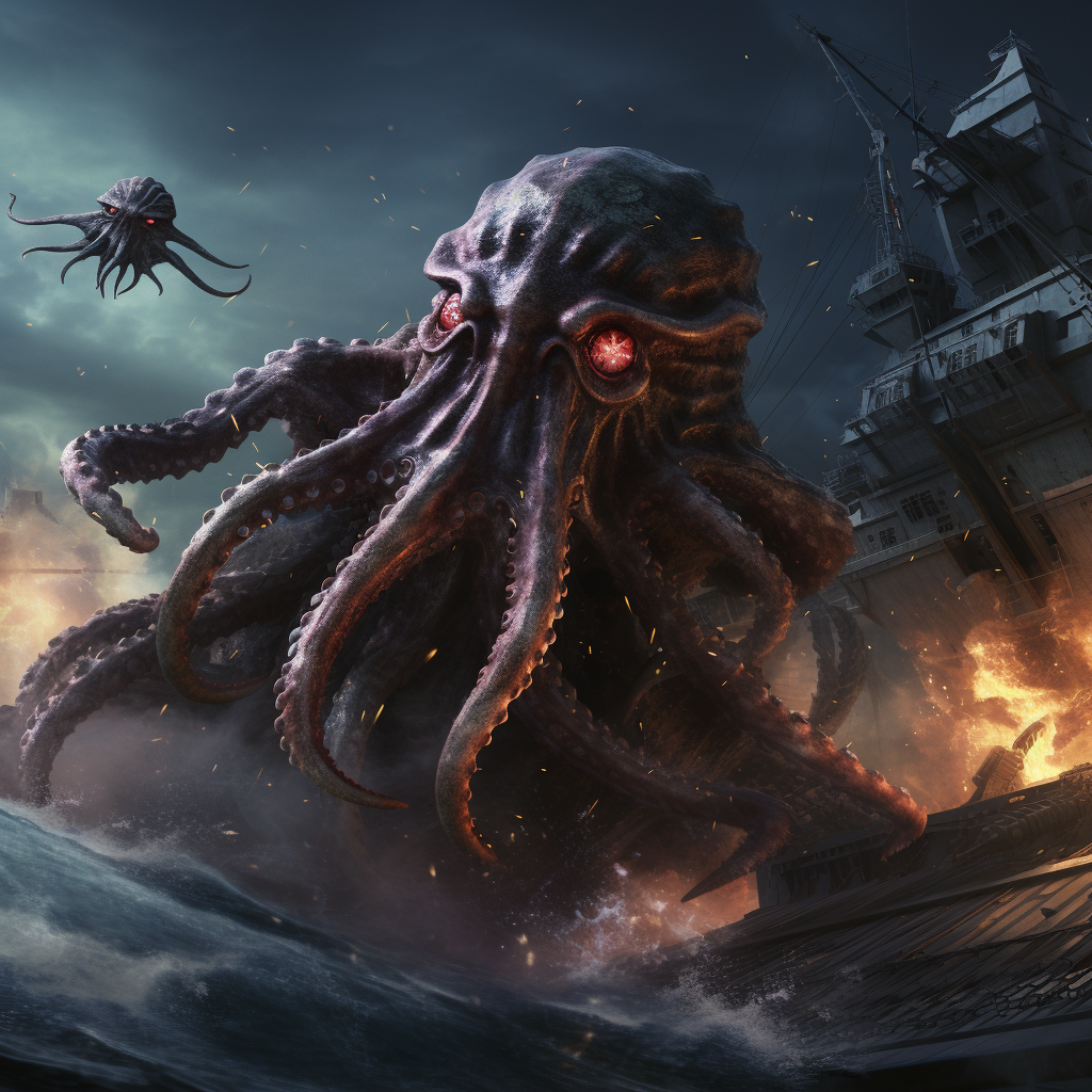 Terrifying giant squid attacking battleship