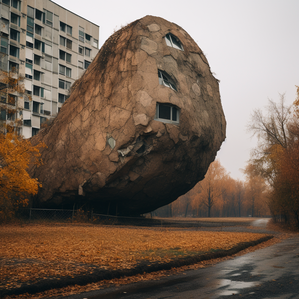 Giant flattened potato over dystopian building