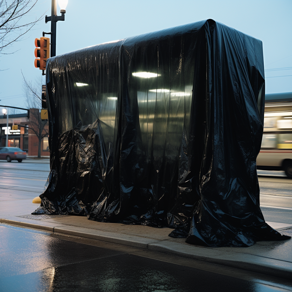 Giant garbage bag covering bus stop