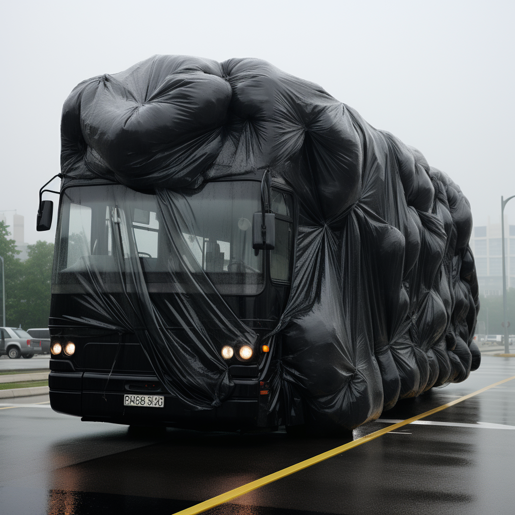 Giant garbage bag covering bus