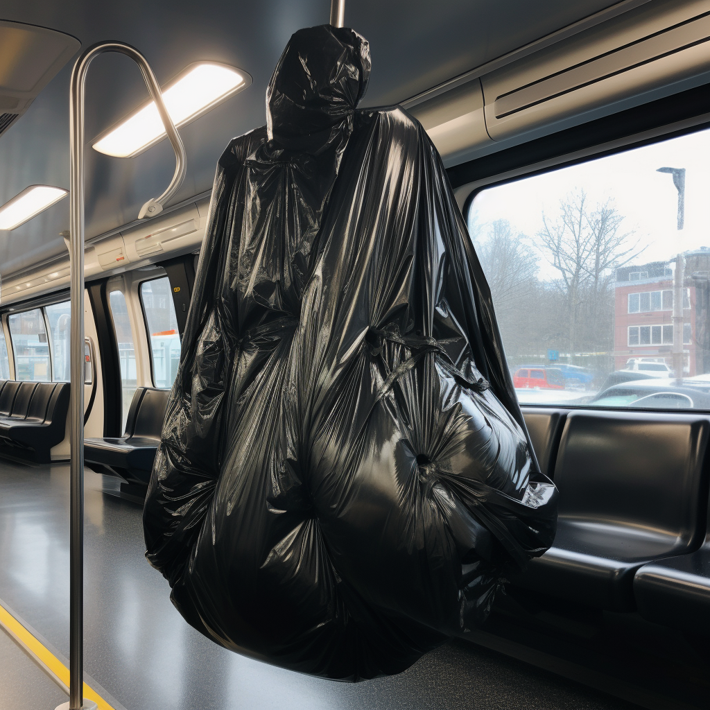 Massive trash bag on a city bus