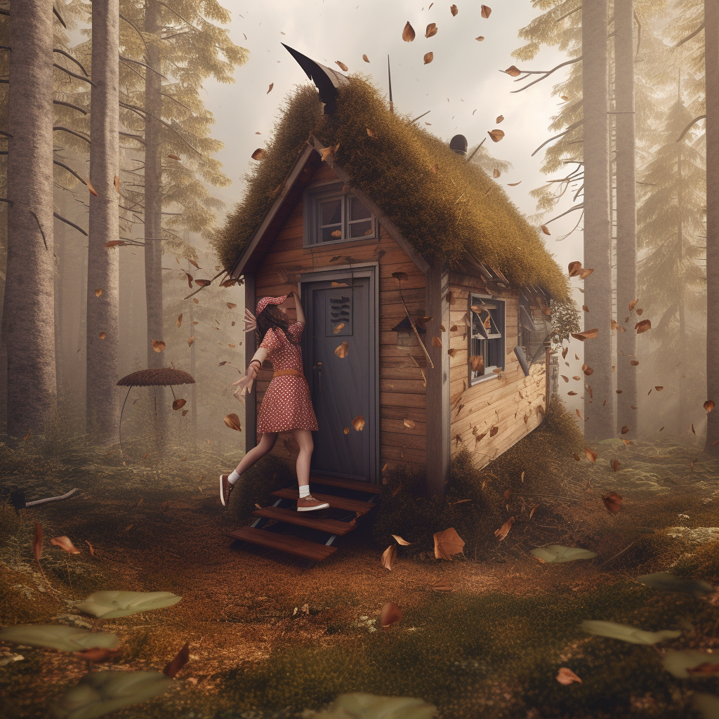 Surreal image of giant girl smashing tiny house