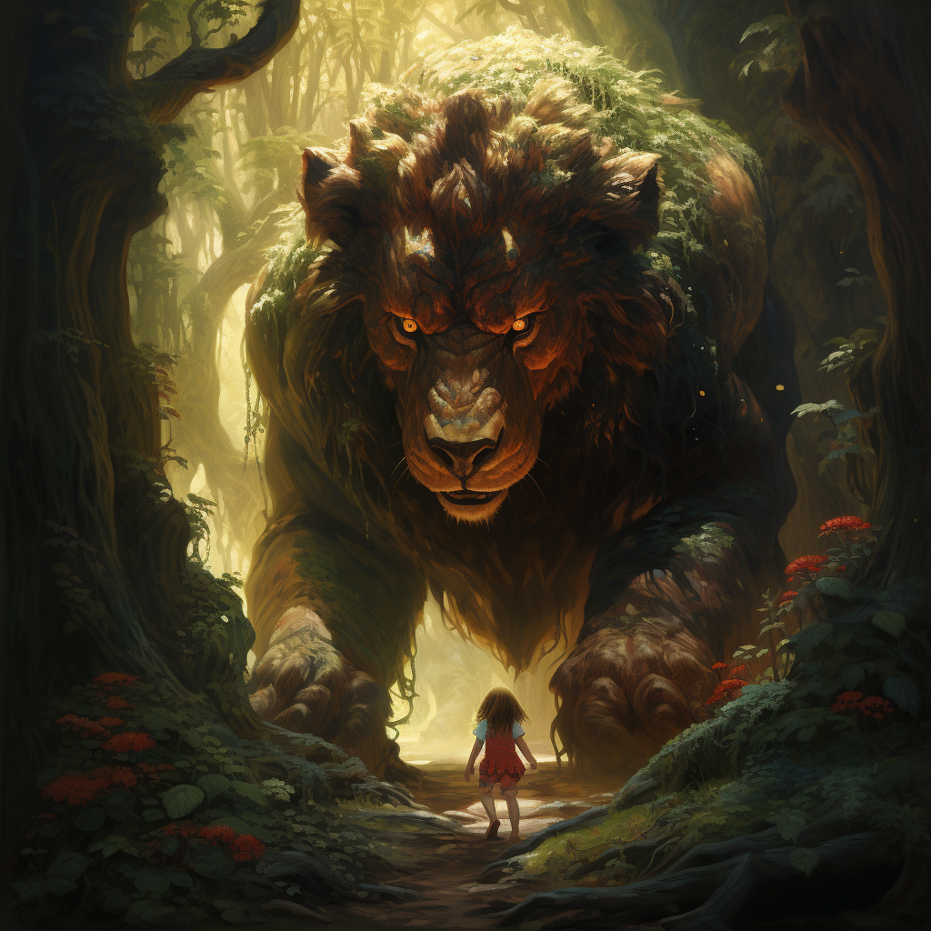 Giant overlooking girl and lion cub in magical forest