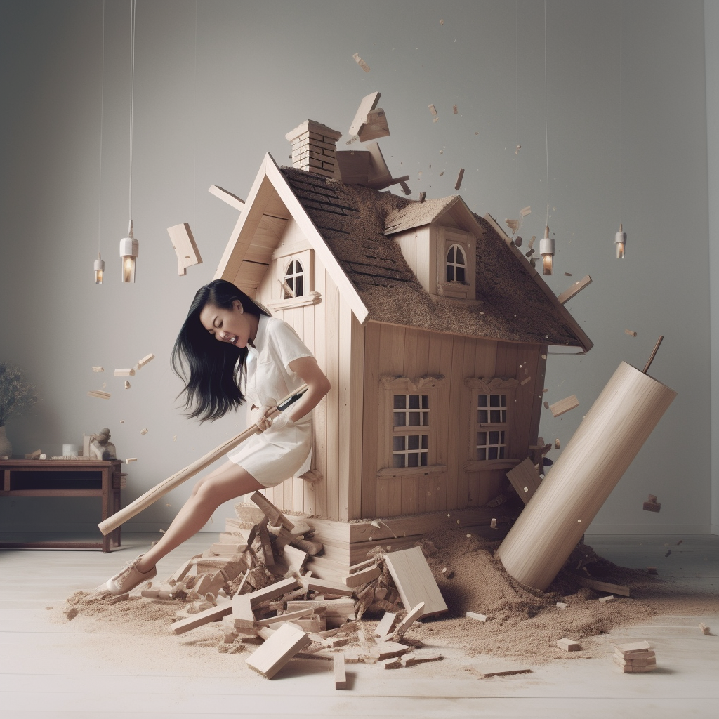 Giant girl smashing model house