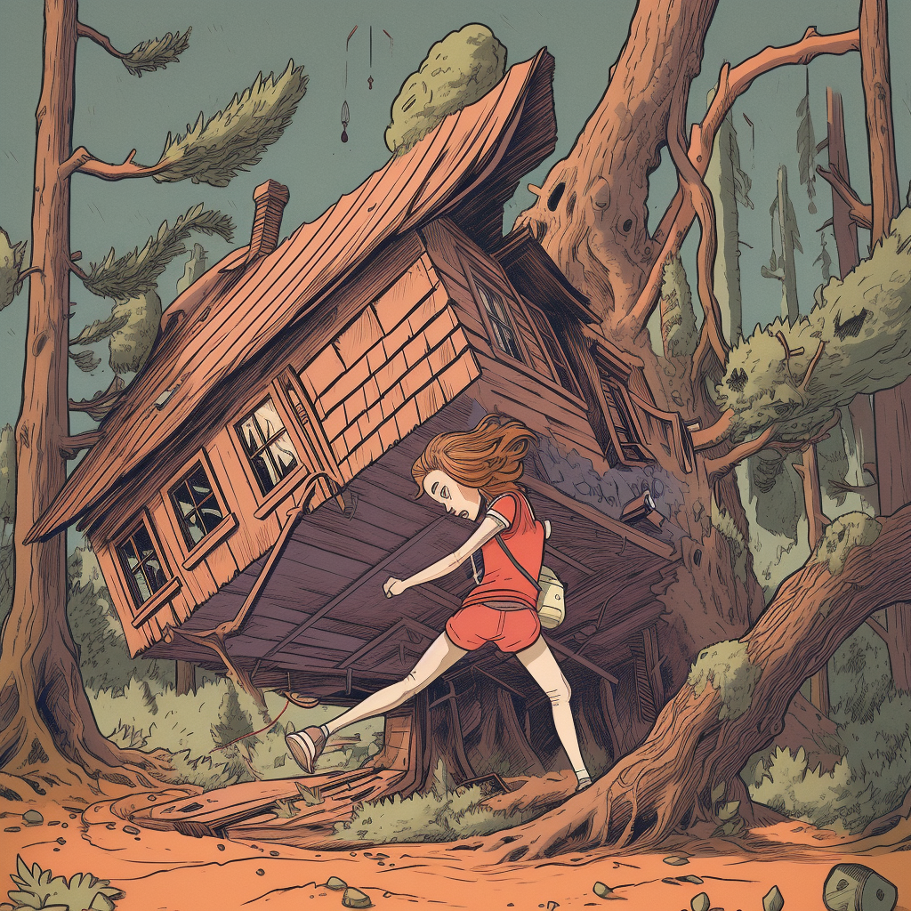 A giant girl smashing a tiny house in the forest