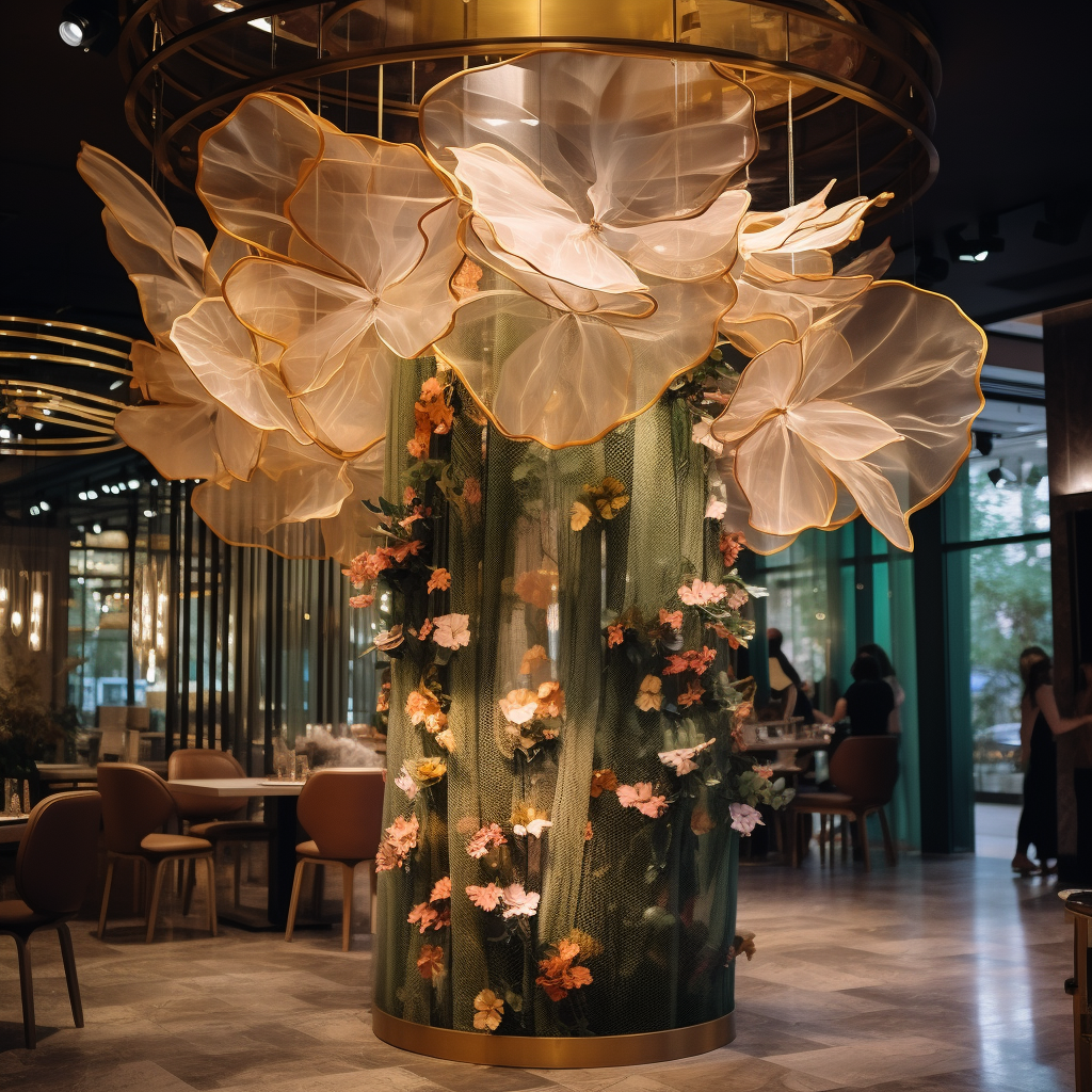 Glass cylinder with artificial flowers in a cafe