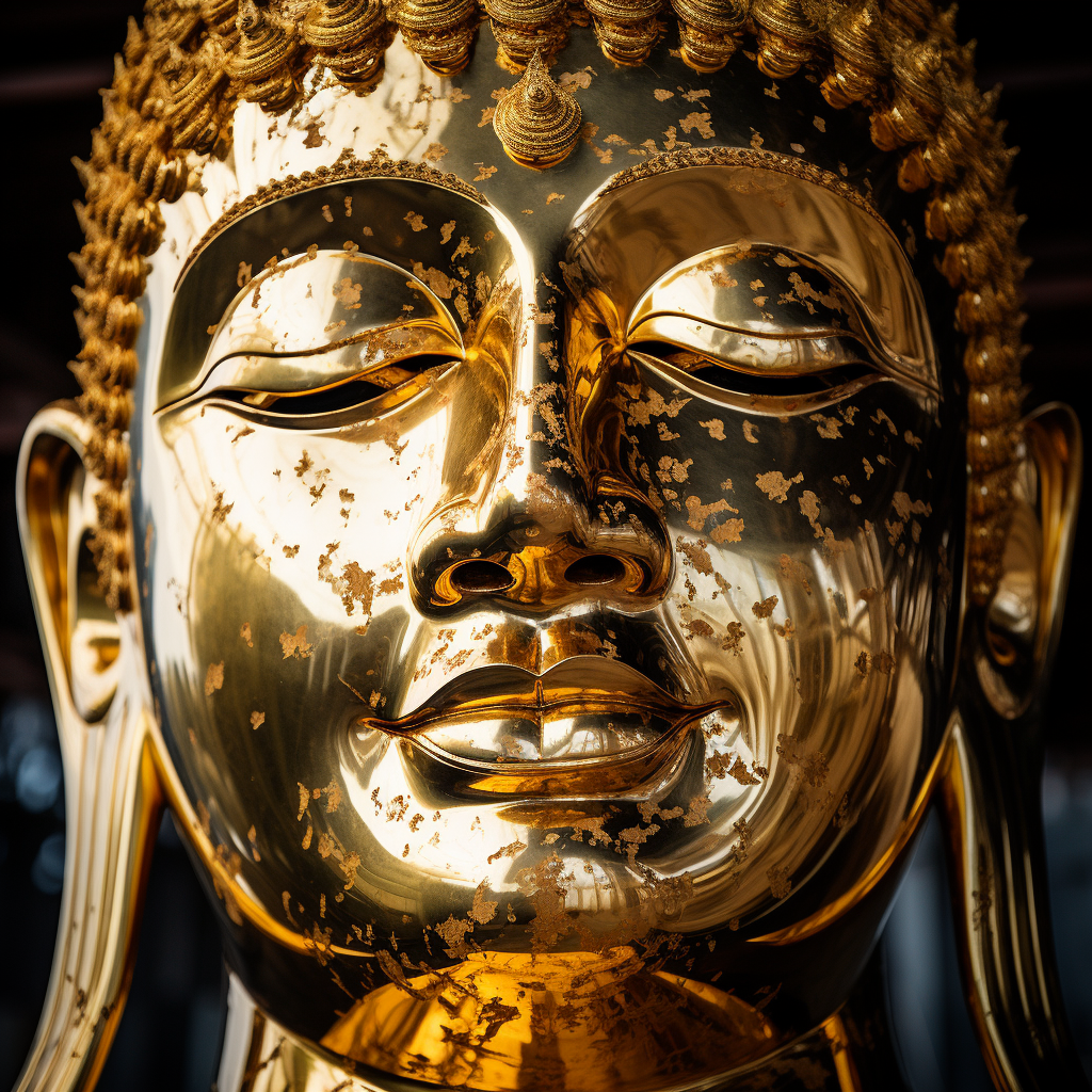 Giant golden Buddha face close-up