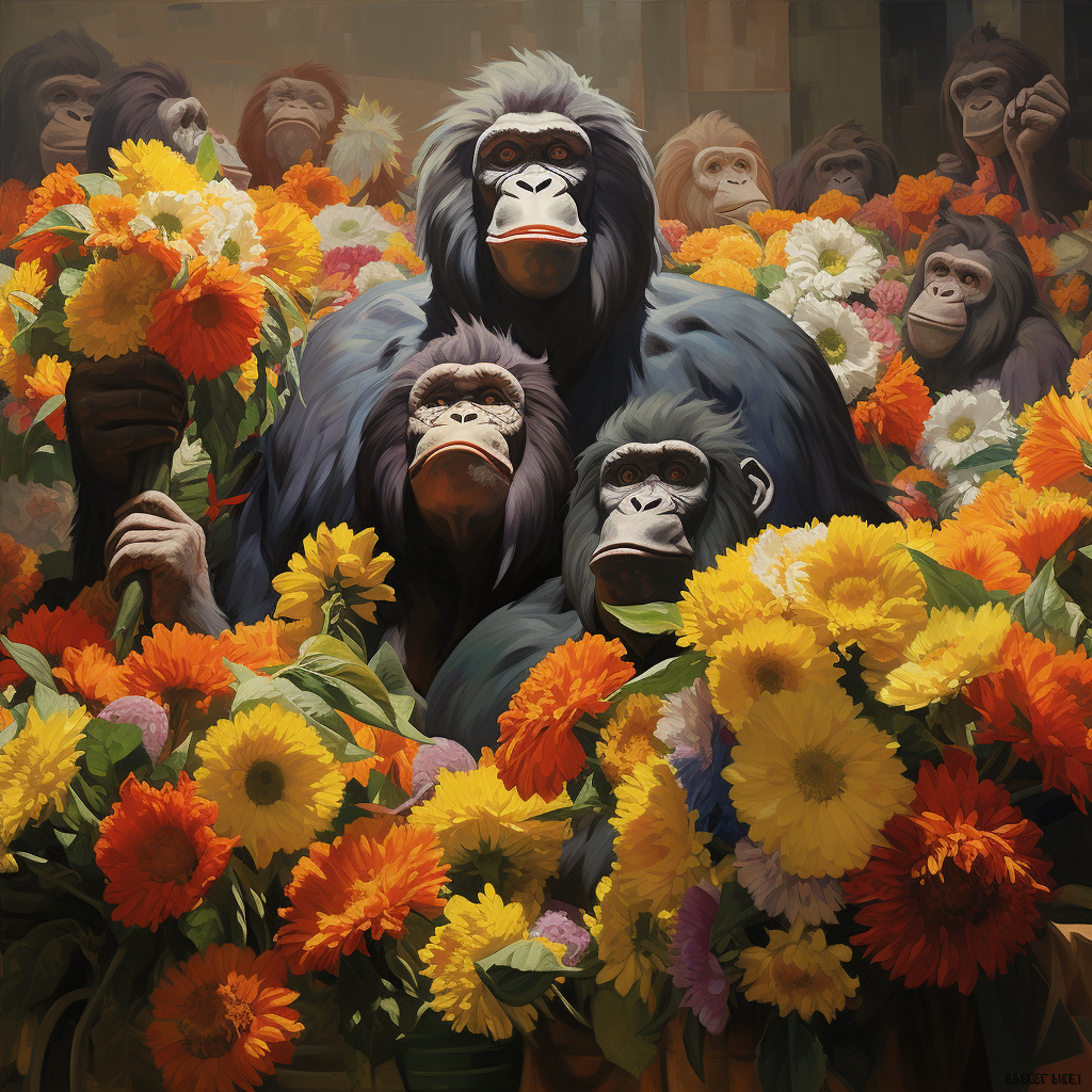 Group of giant gorillas with gerberas