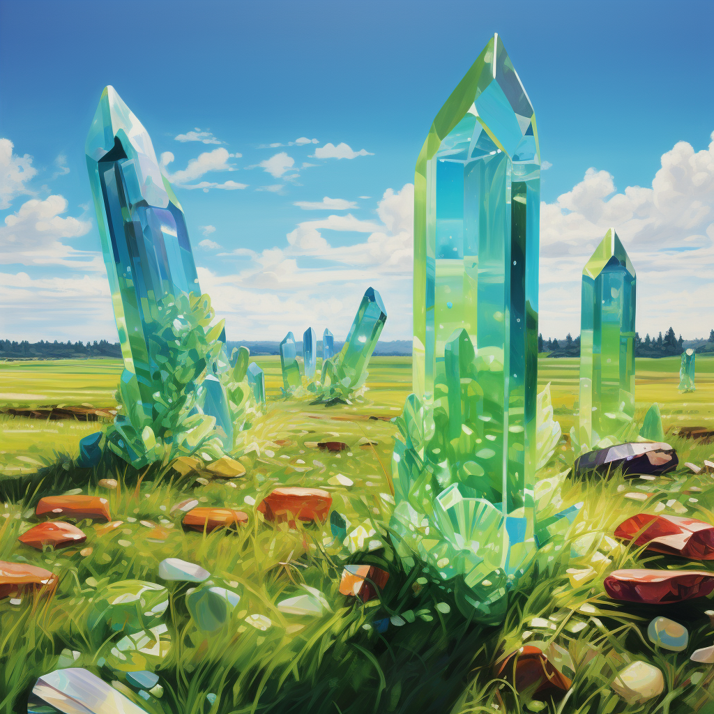 Beautiful rainbow crystals on a giant green field