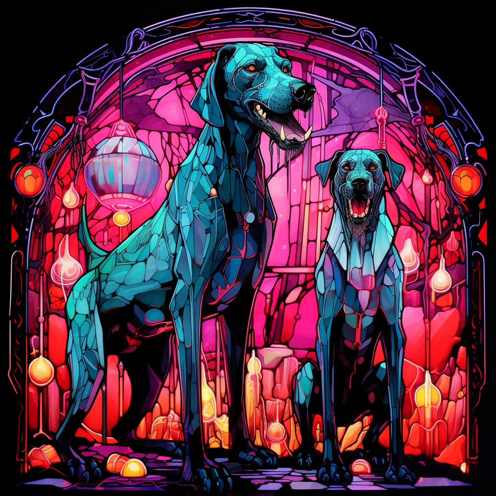 Giant hounds with glowing red eyes and fluorescent crystals