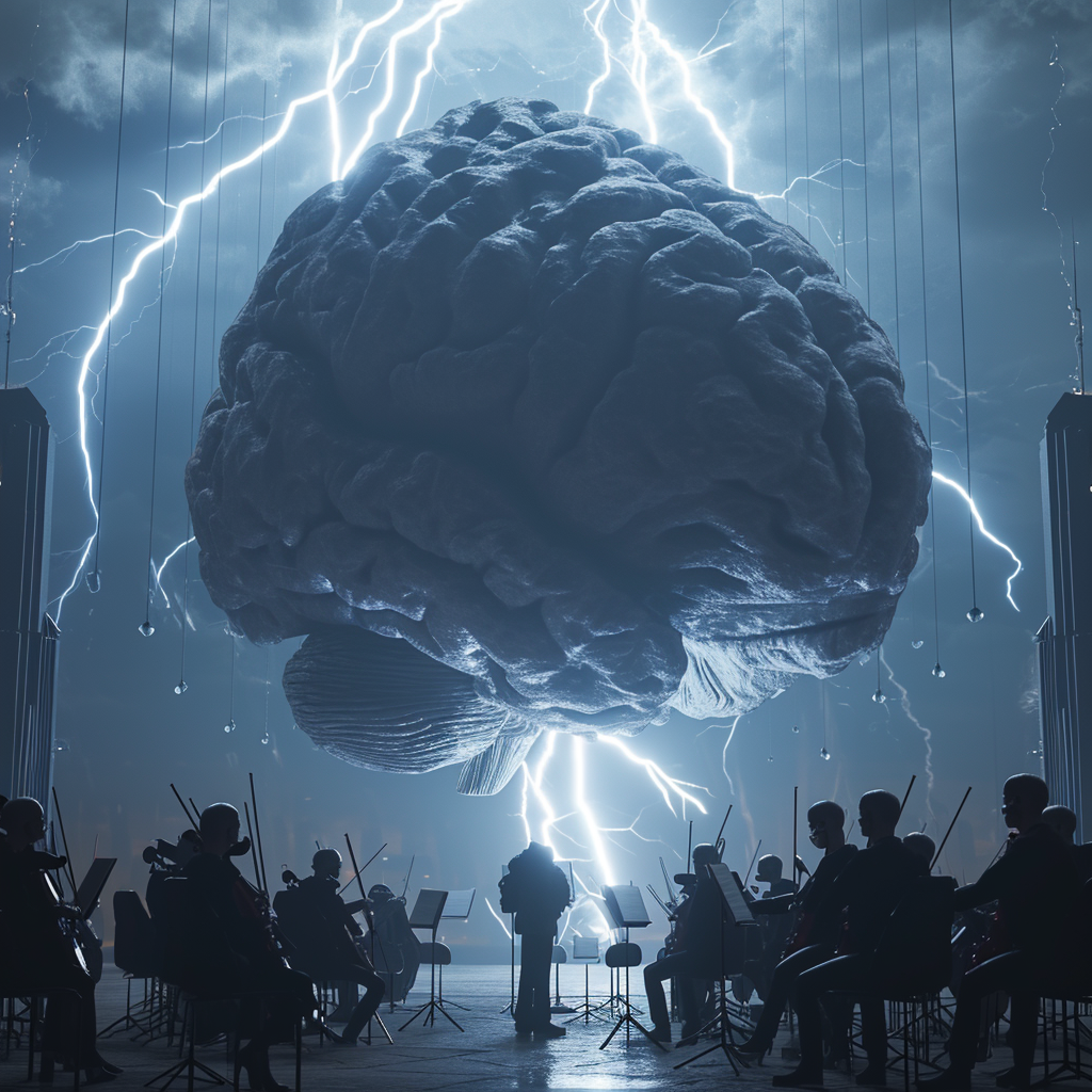 Giant human brain silhouette with orchestra