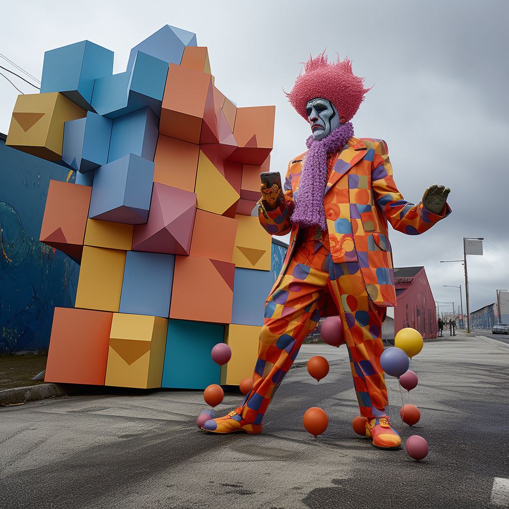 Giant jester on road with parking ban and cubes