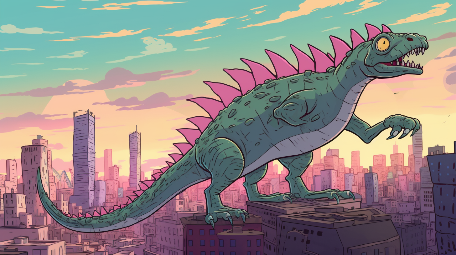 Cartoonish giant lizard destroying city