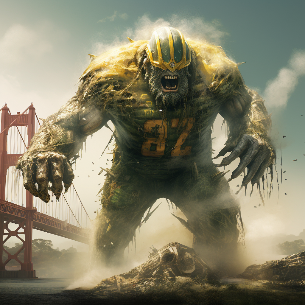 Giant Monster in GreenBay Packers Uniform Breaking Bridge.