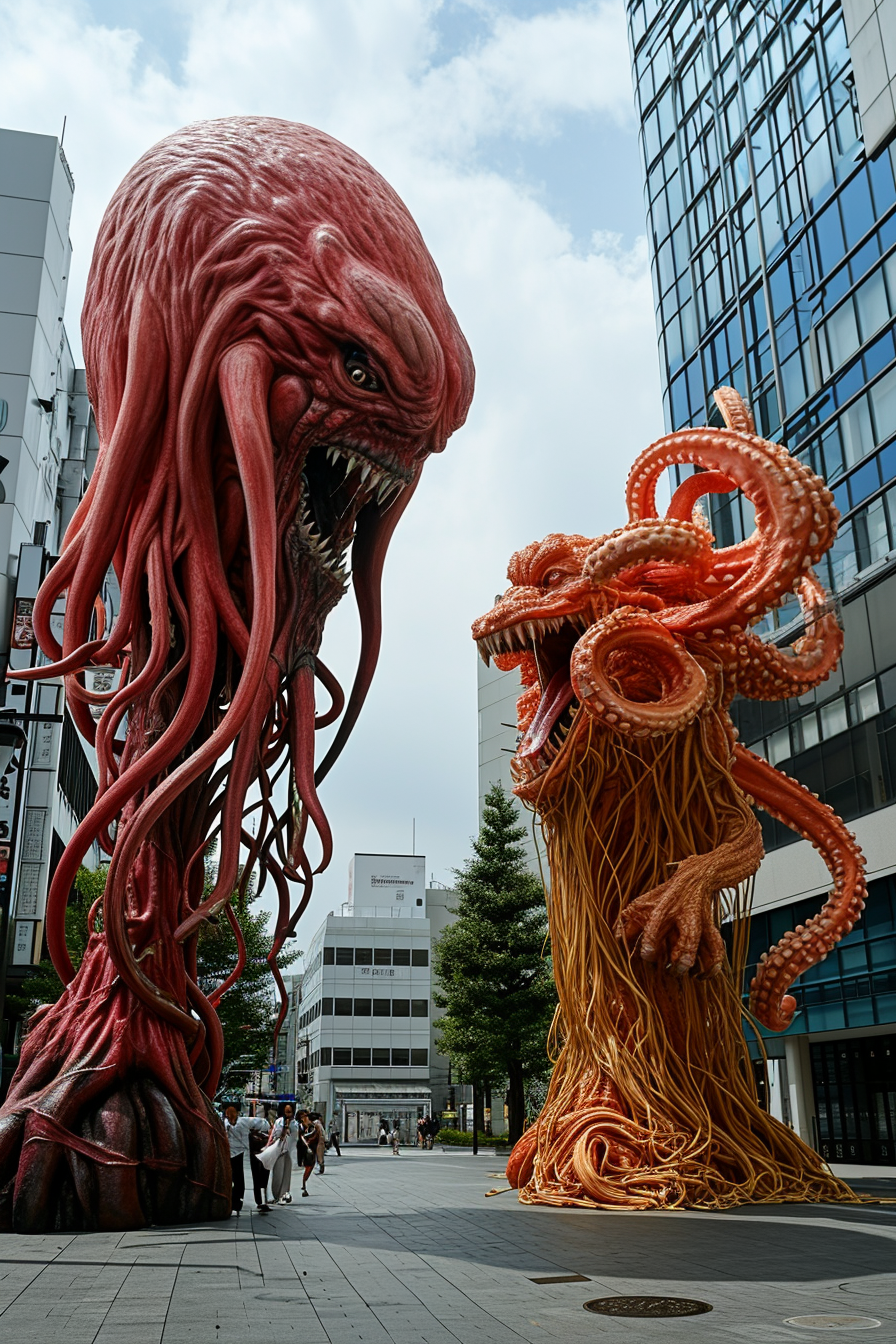 Two giant monsters battling in Tokyo