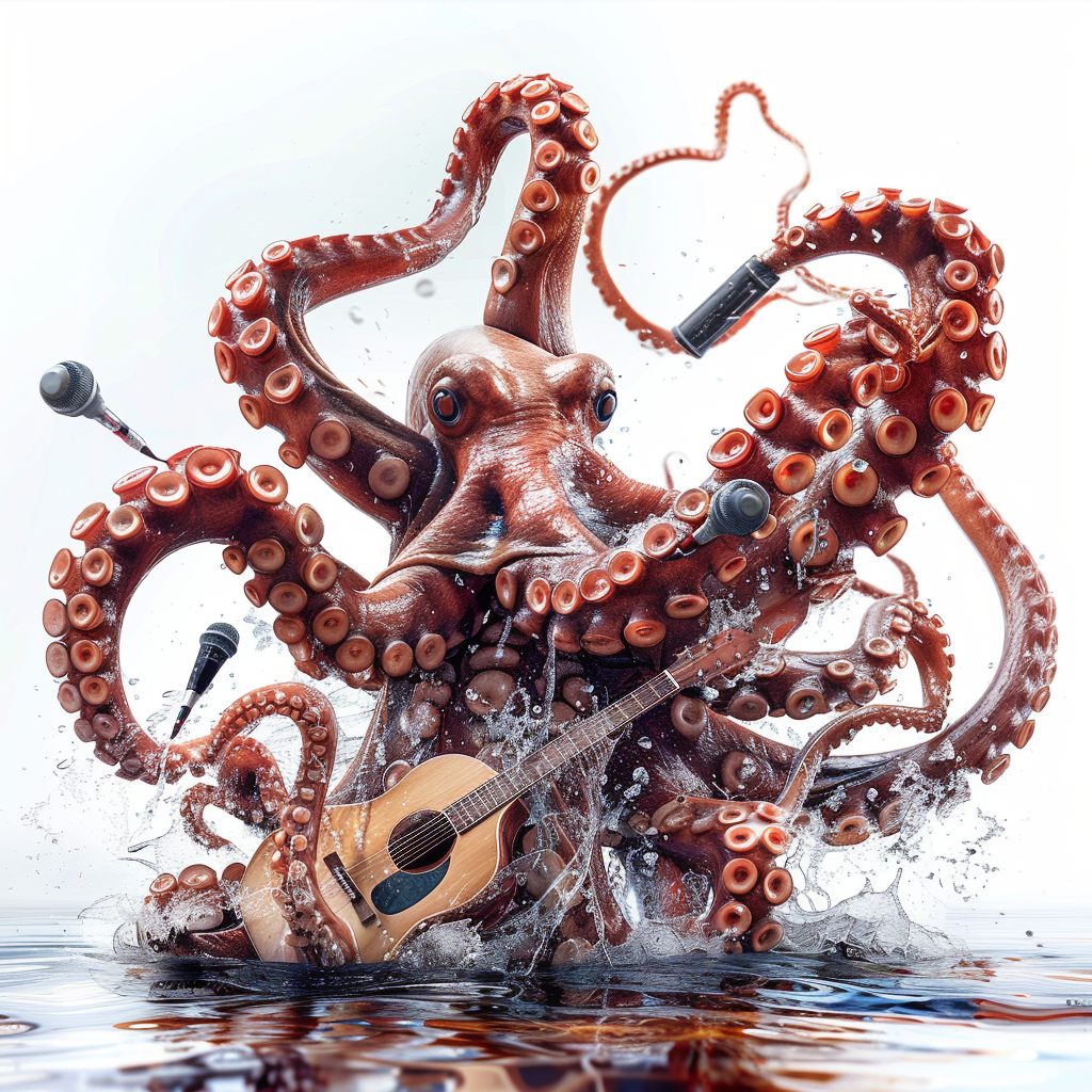 Giant octopus playing guitar and microphone