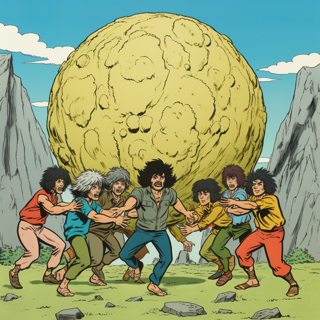 Cavemen worshipping giant orb in 1970s comic style