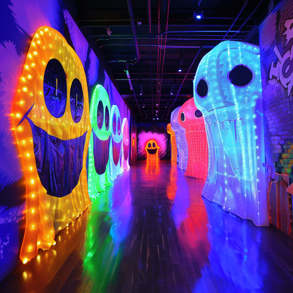 Giant Pac-Man chasing colorful ghosts