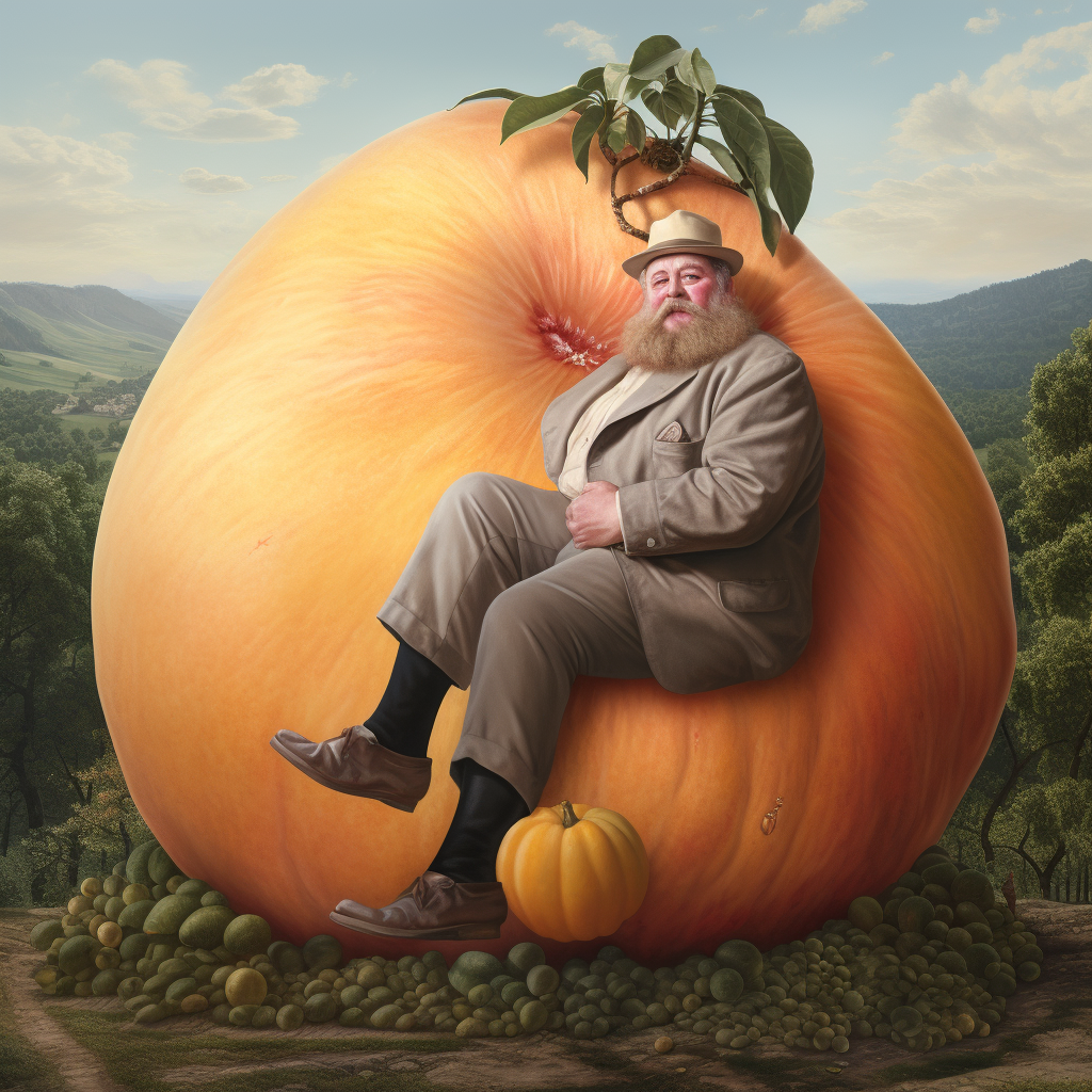 Man sitting on a giant peach