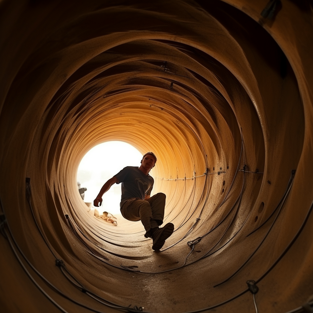 Climbing through giant pipe hole