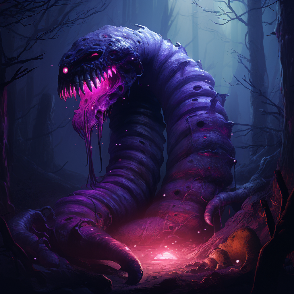 Giant purple demon worm with glowing eyes