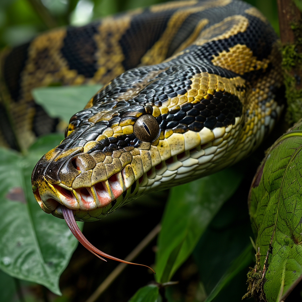 Giant python in Amazon rainforest sticking out tongue