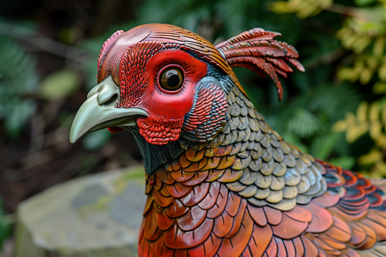 Red pheasant statue outdoors