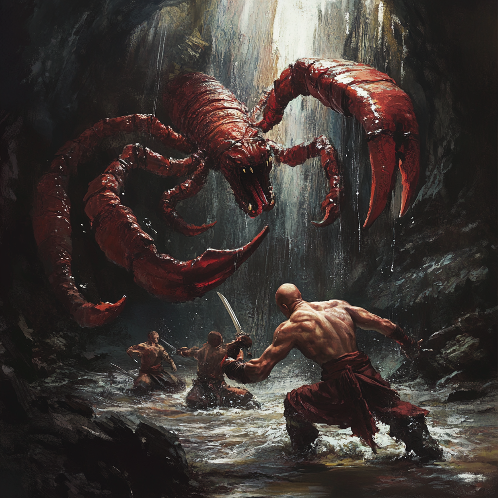 Giant Red Scorpion Fighting Monk