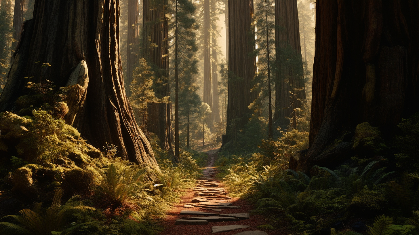 Path leading to cliff in redwood forest