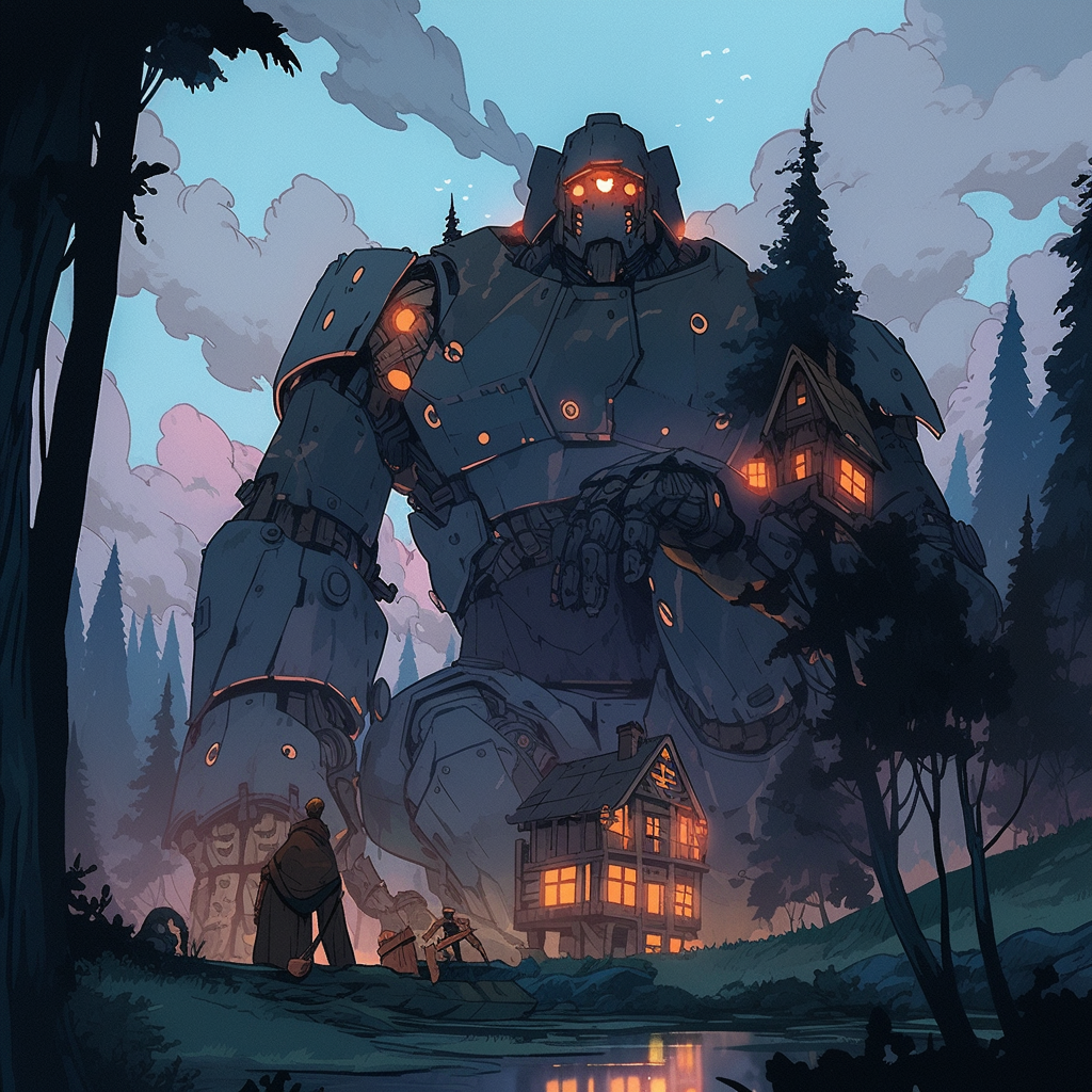 Giant robot kneeling near castle in a forest