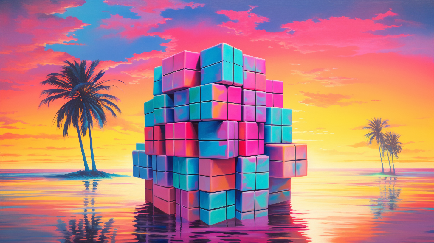 Colorful giant Rubik's cube on a vaporwave background