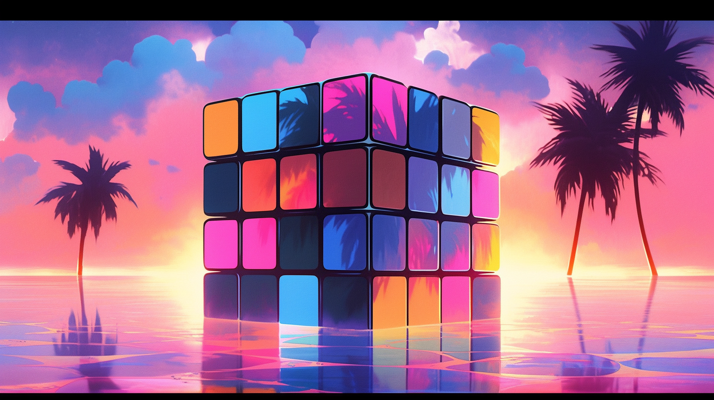 Colorful giant Rubik's cube in a retro vaporwave style