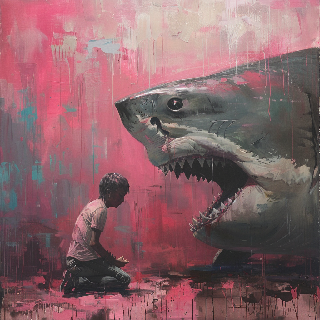 giant shark protecting crying child