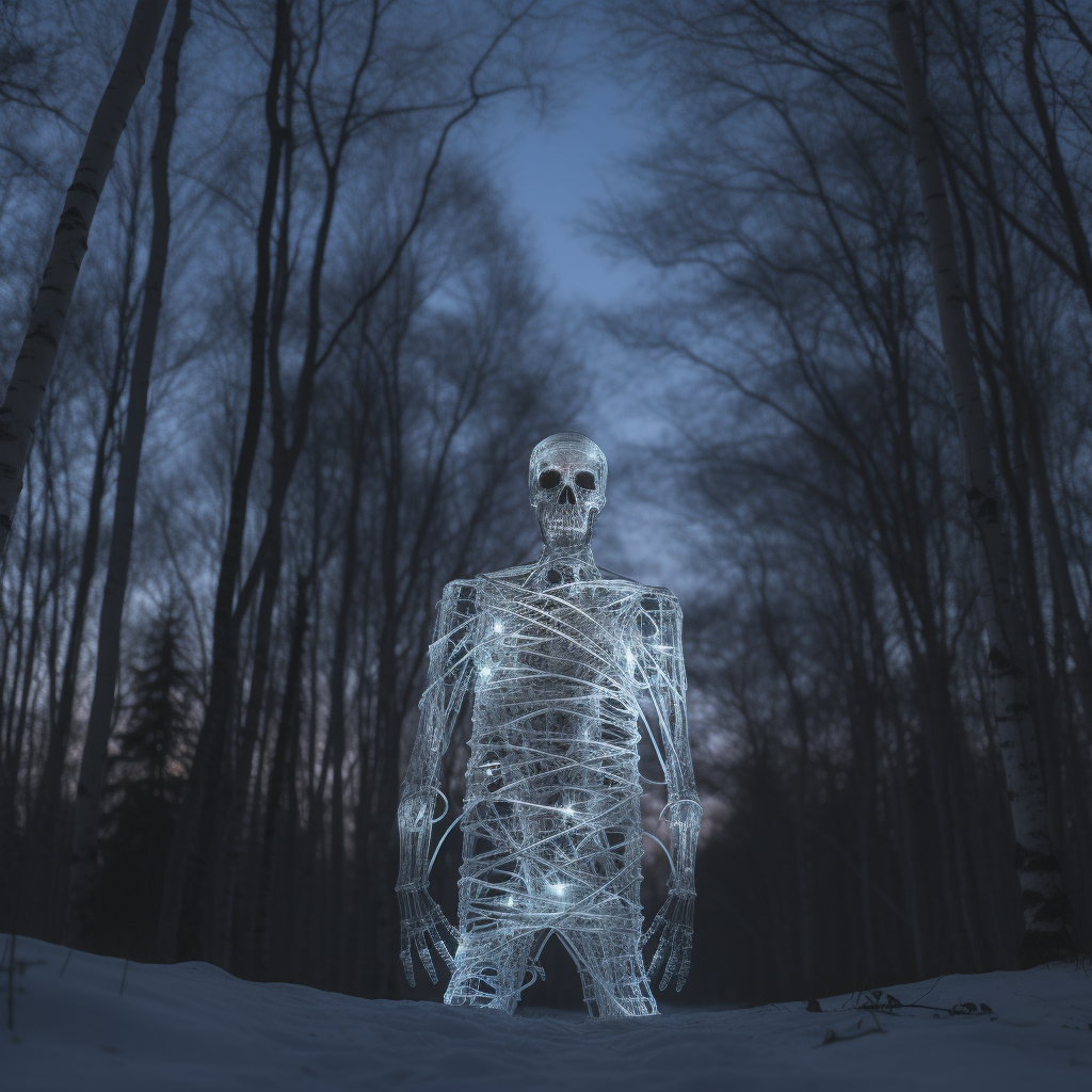 Hyper realistic giant skeleton in winter forest