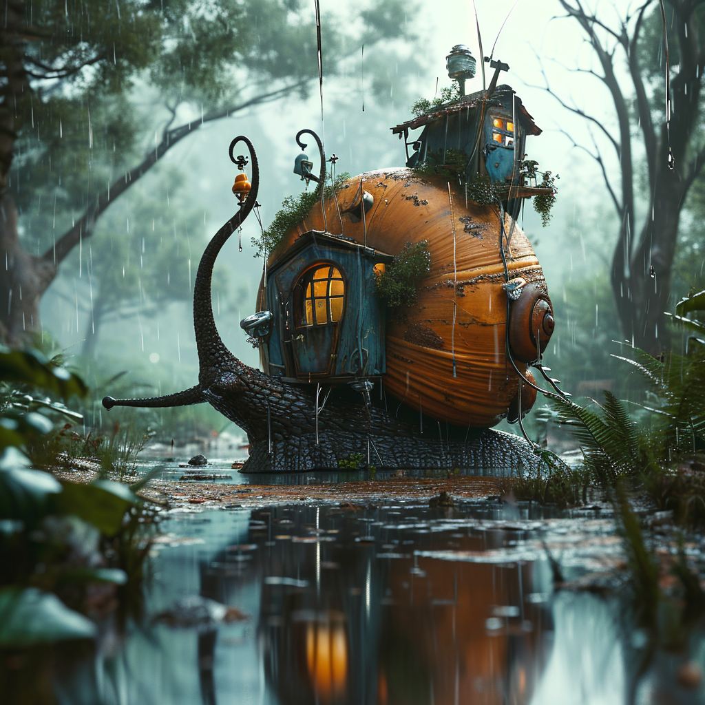 Giant snail in rain with house