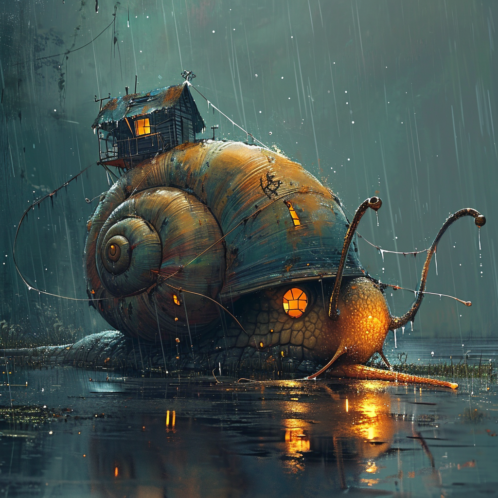 Giant snail in the rain with reflections