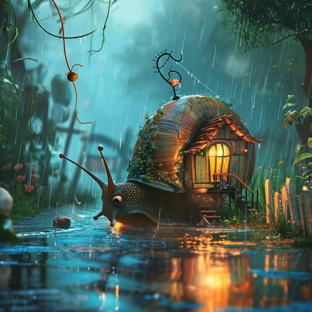 Giant snail with house in rain