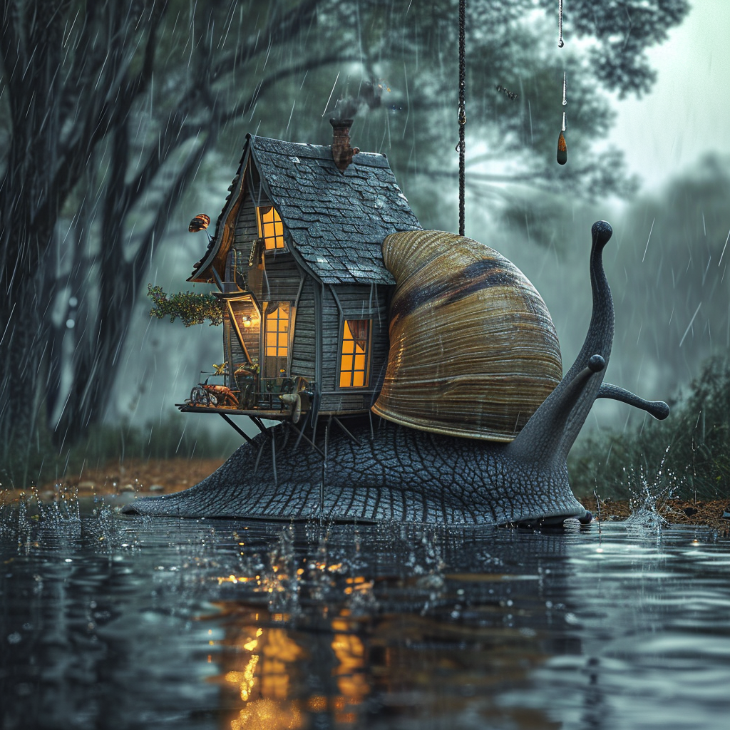 Giant snail with house in rain