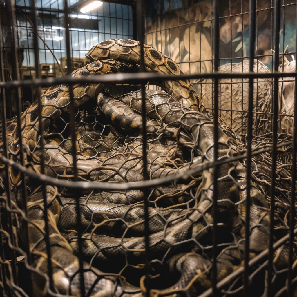 Closeup of a cage with a giant snake