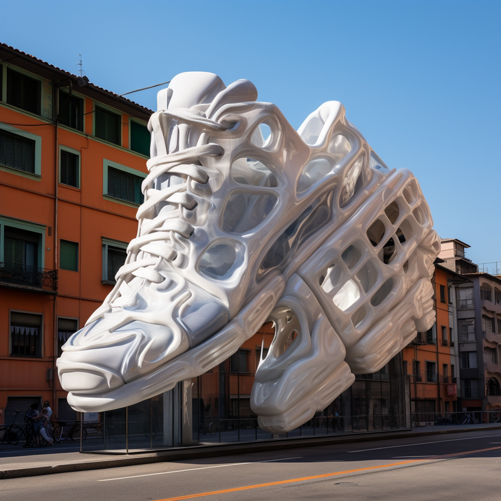 Giant sneaker installation on building in Milan