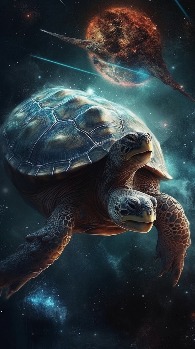 Giant space turtle with planetary shell swimming through space