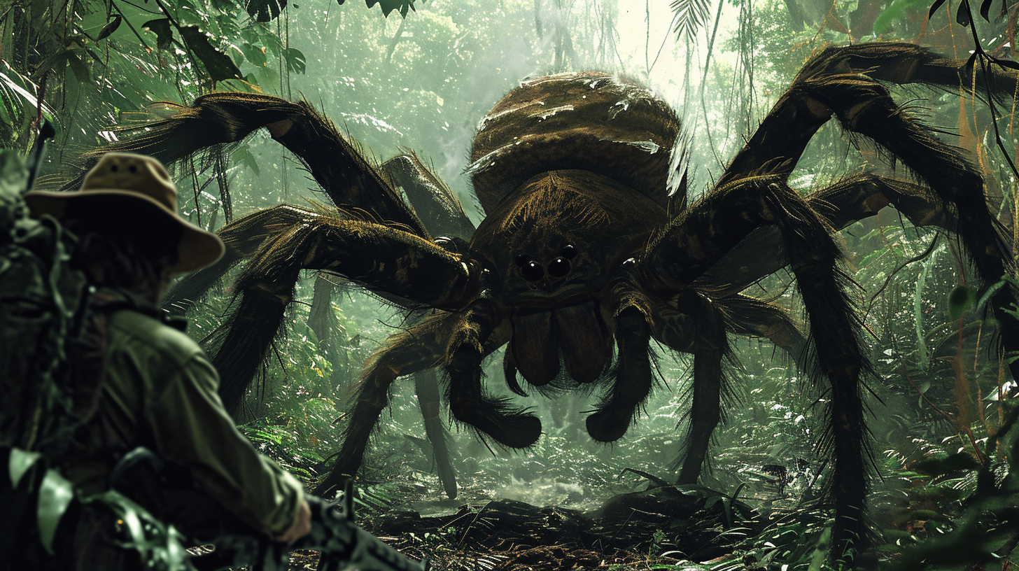 Giant spider about to attack man in jungle