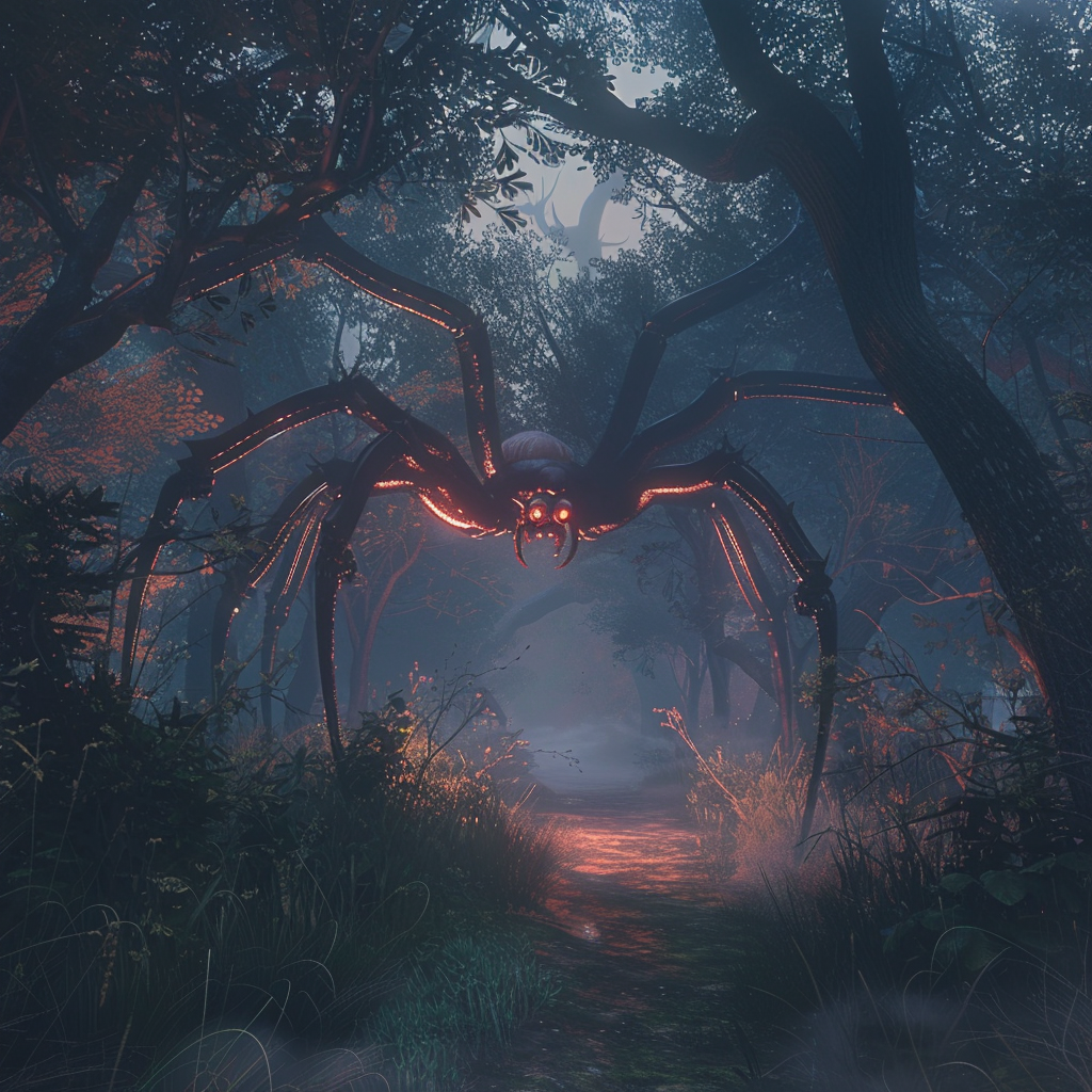 Giant spider in forest trail