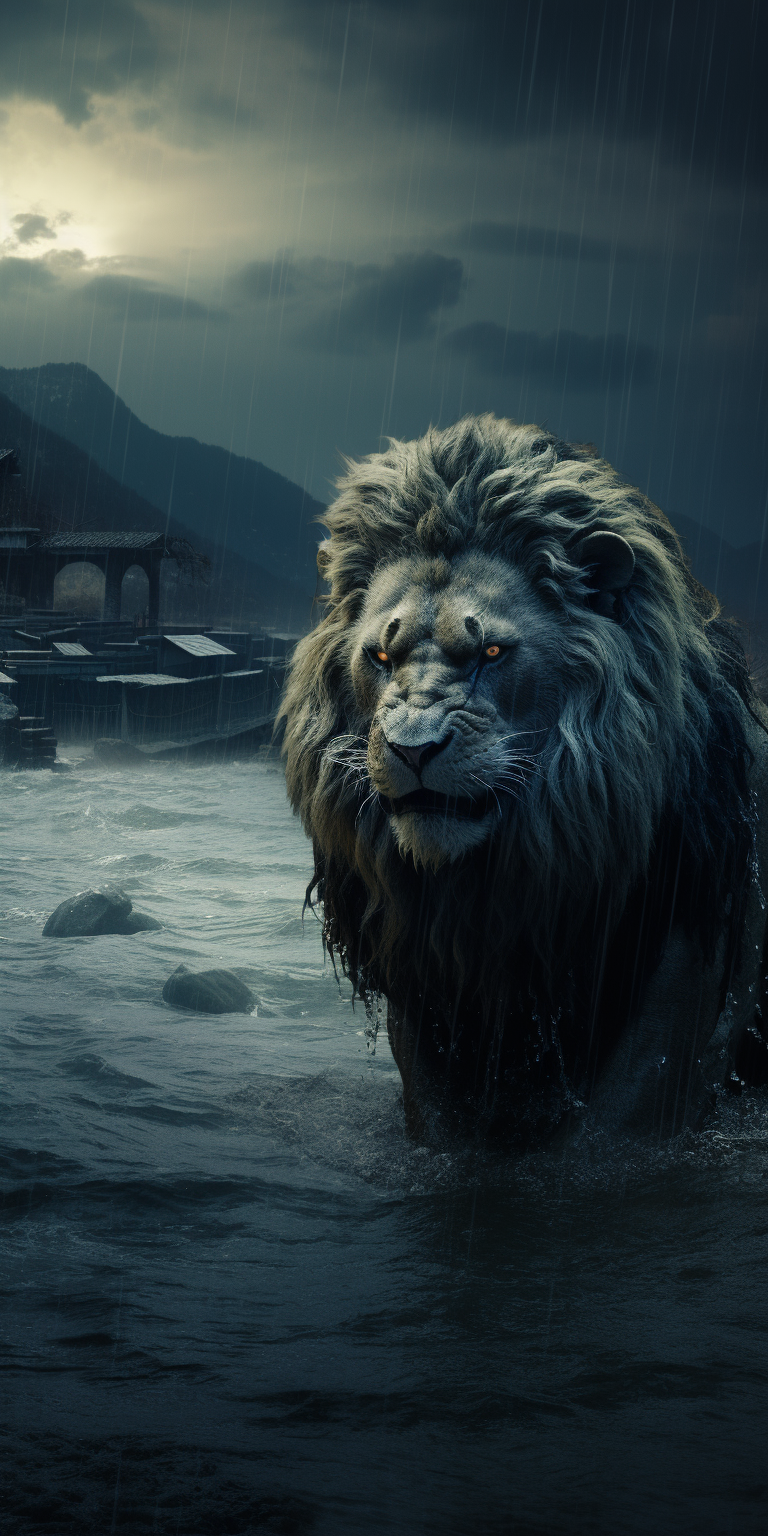 Stone lion blocking flooded river