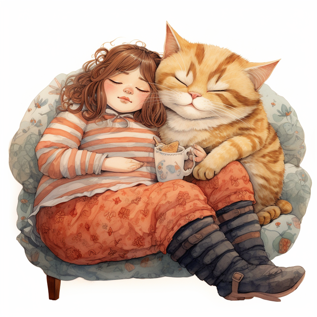 Sleeping Girl in Lap of Giant Tabby Cat