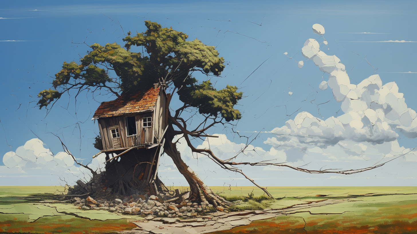 Beautiful oil painting of a giant tree falling on a small house