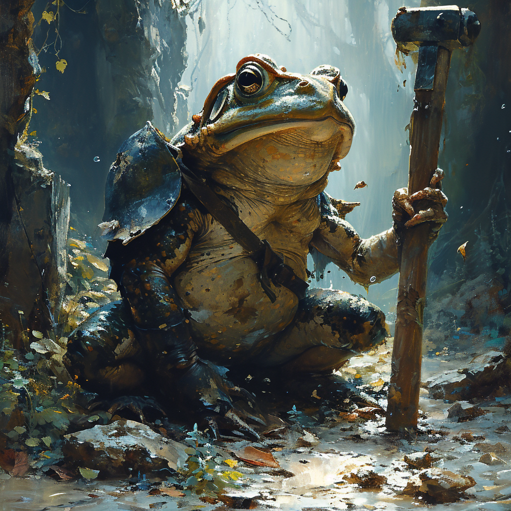 Giant toad fiercely smashing ground with hammer